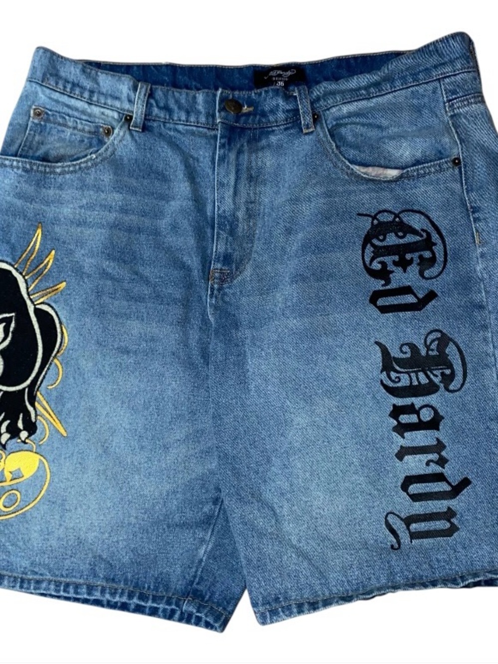 Ed Hardy Shorts 36 Mens Denim Crouching Panther Skater Skull Bermuda Jorts (N)